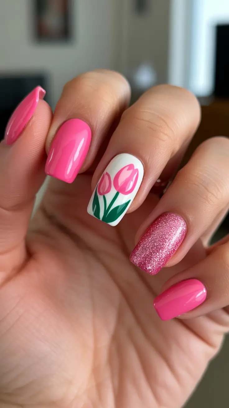 sparkly spring nails pink 2026 Glossy Pink And Tulip Accent Nails
