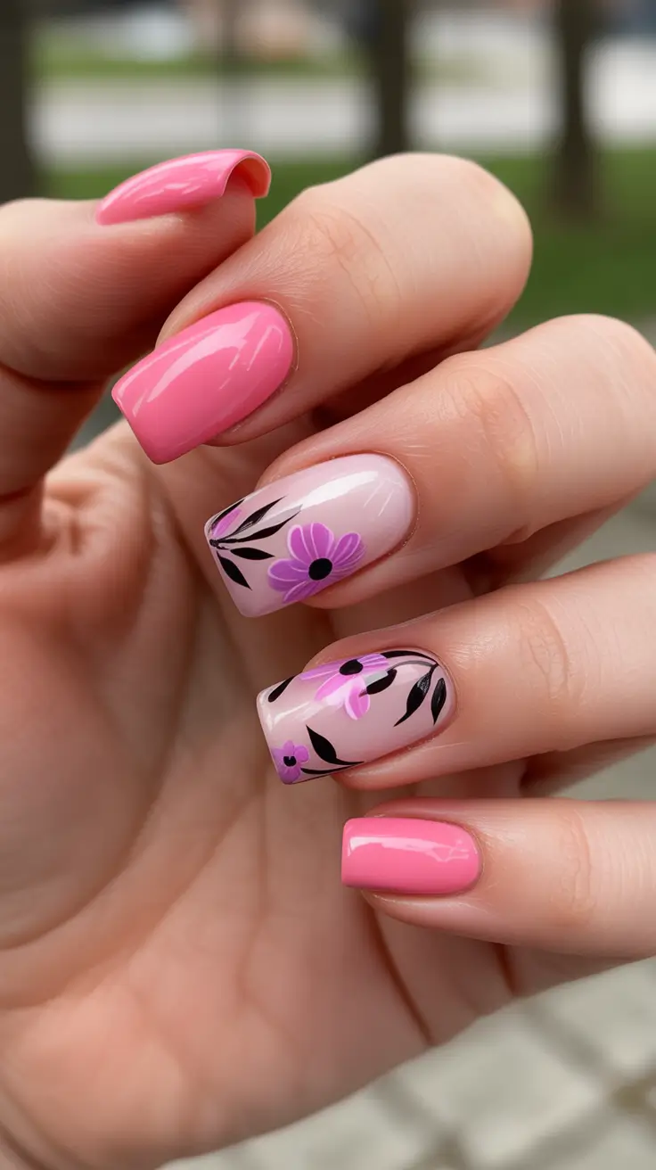 sparkly spring nails pink 2026 Soft Pink Floral Line Art Nails