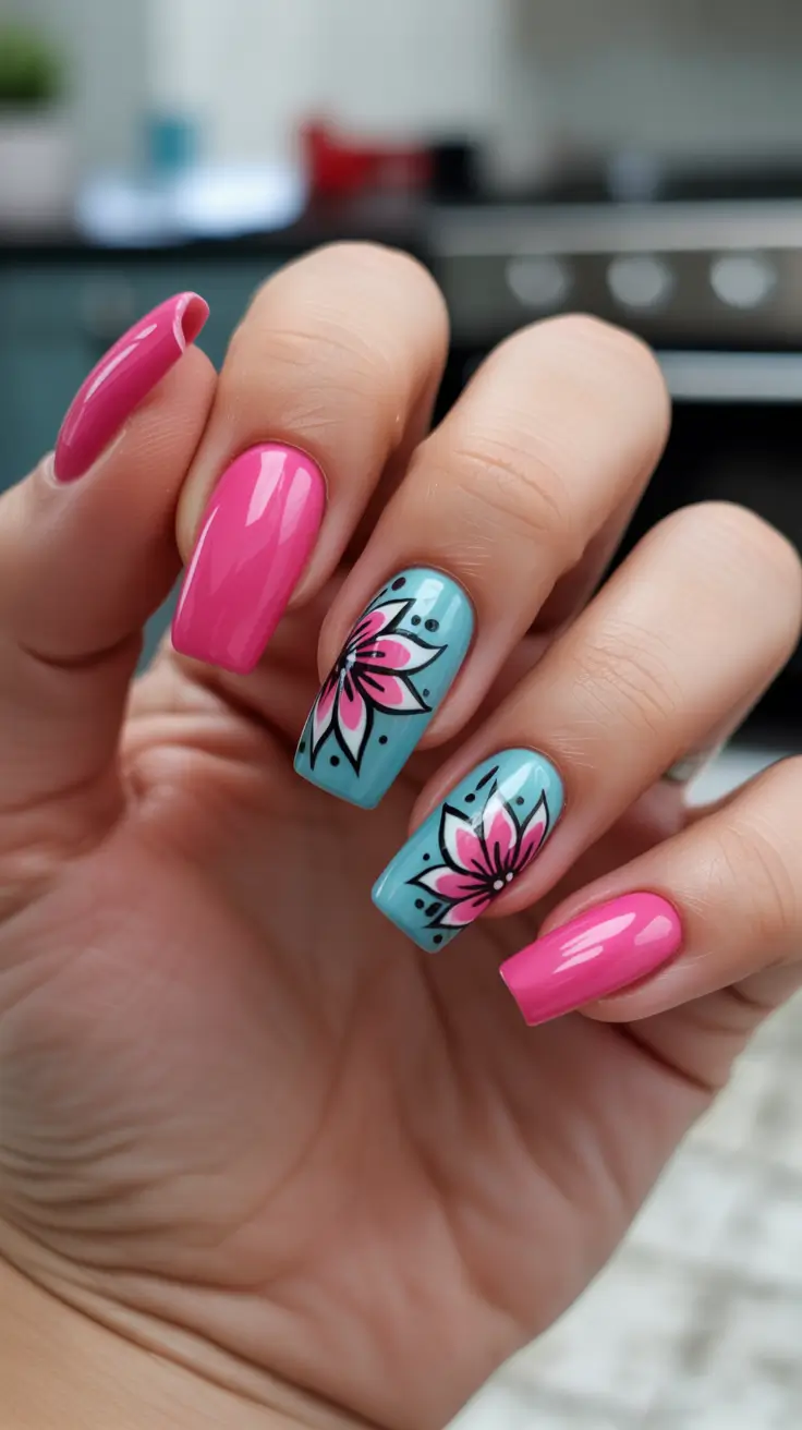 sparkly spring nails pink 2026 Pink And Blue Floral Spring Contrast