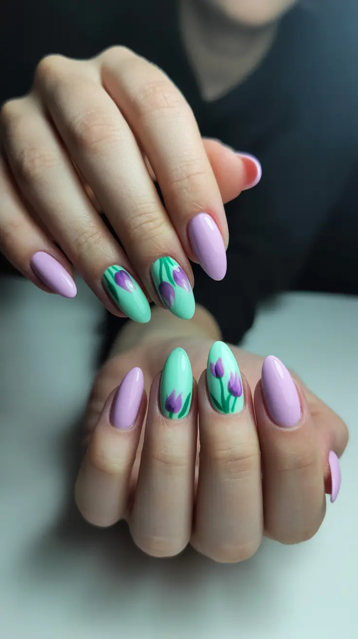 sparkly spring nails pink 2026 Pastel Pink And Green Tulip Nails