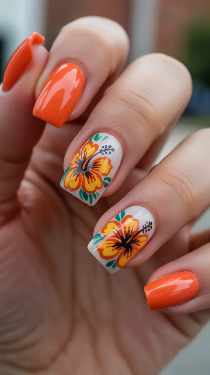 aesthetic spring nails square 2026 Bright Orange Hibiscus Energy On Square Spring Nails