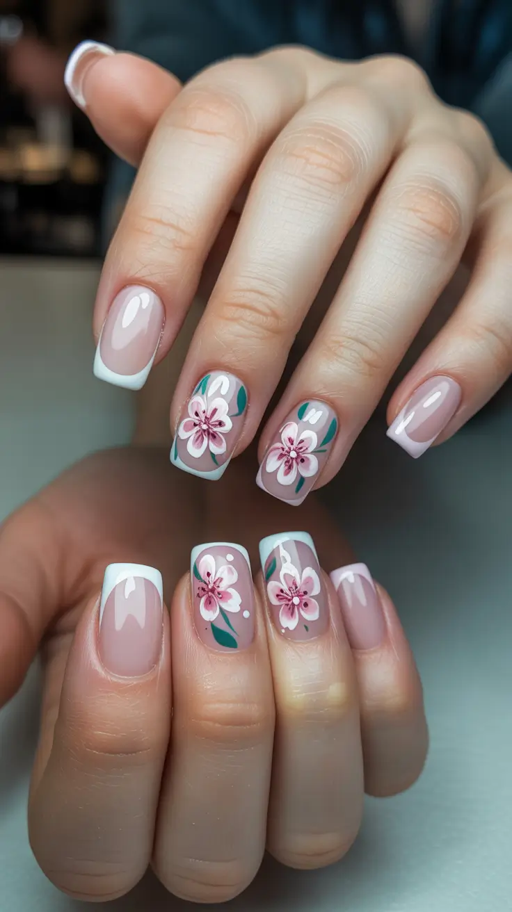 aesthetic spring nails square 2026 Elegant Pink French With Spring Florals