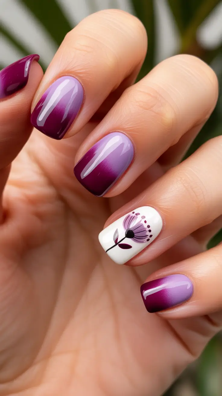 aesthetic spring nails square 2026 Deep Plum Gradient With Minimal Floral Accent