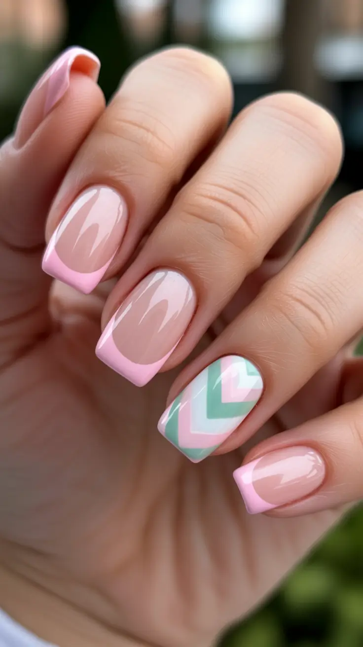 aesthetic spring nails square 2026 Modern Pink French Tip With Pastel Geometry