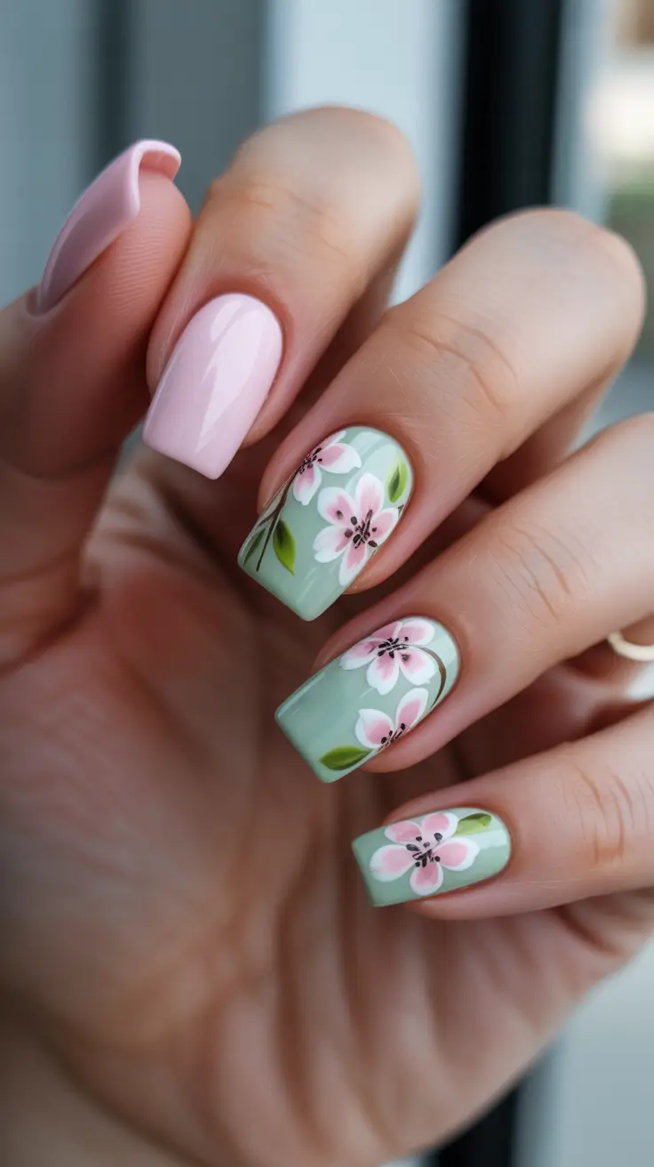 aesthetic spring nails square 2026 Fresh Mint Floral Garden Square Nails
