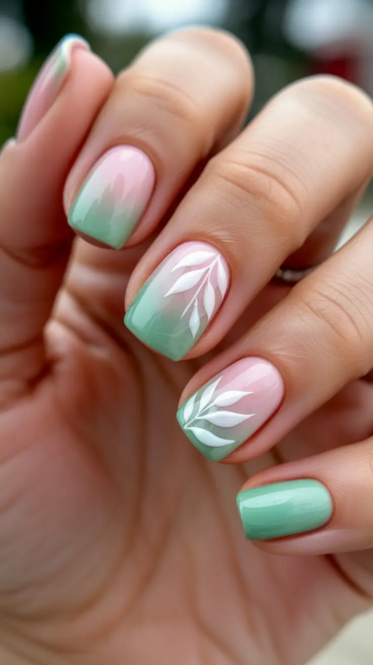 aesthetic spring nails square 2026 Fresh Mint Gradient With Minimalist Botanical Art