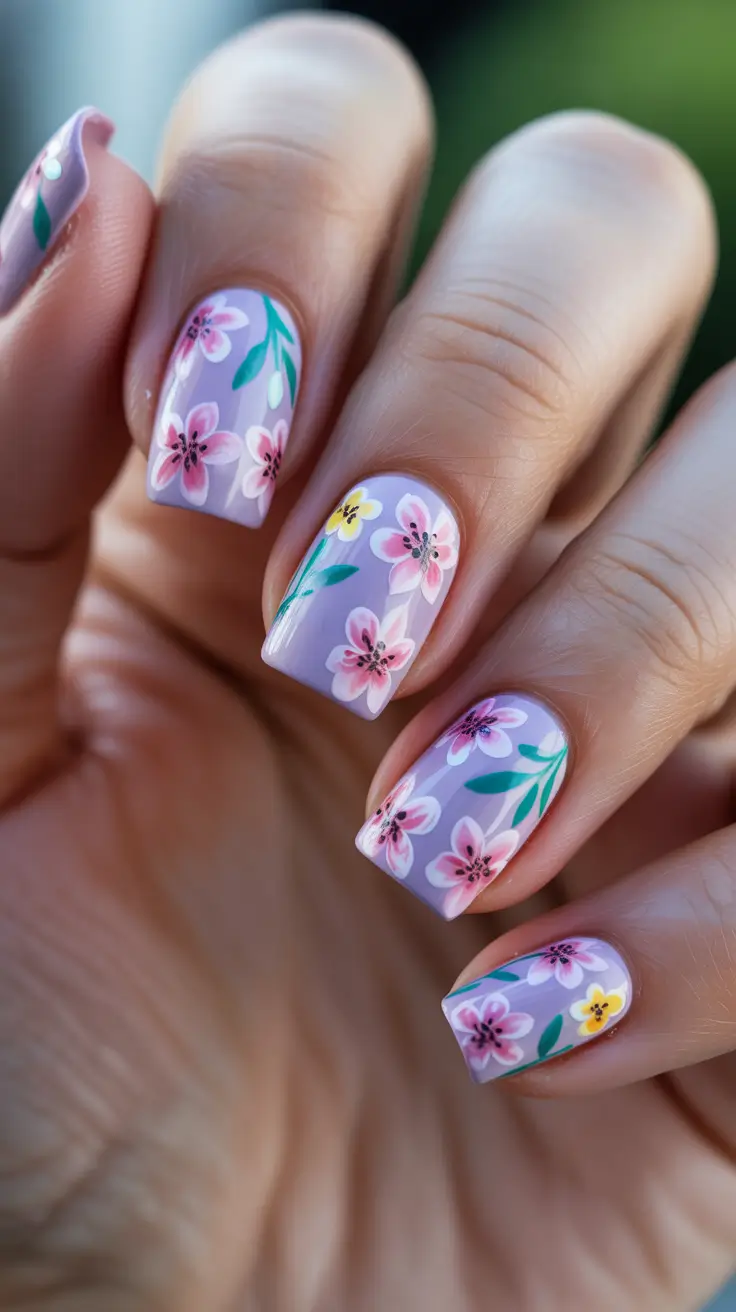 aesthetic spring nails square 2026 Lavender Garden Floral Square Nails