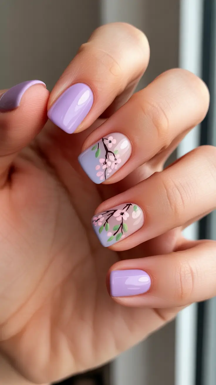 aesthetic spring nails square 2026 Soft Lilac Blossom Branch Accent