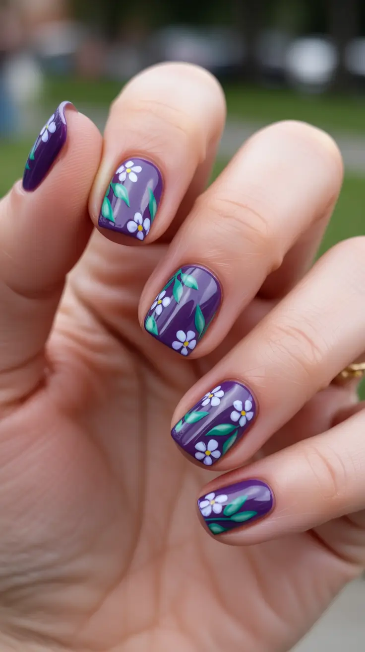 aesthetic spring nails square 2026 Deep Violet Floral Square Nails