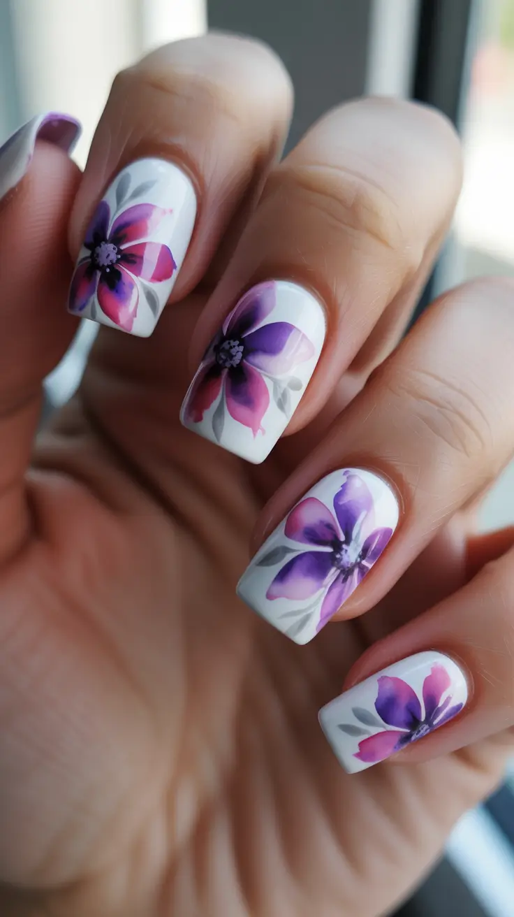 aesthetic spring nails square 2026 Bold Watercolor Floral Square Nails