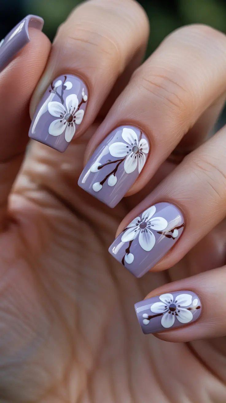 aesthetic spring nails square 2026 Soft Mauve Cherry Blossom Square Nails