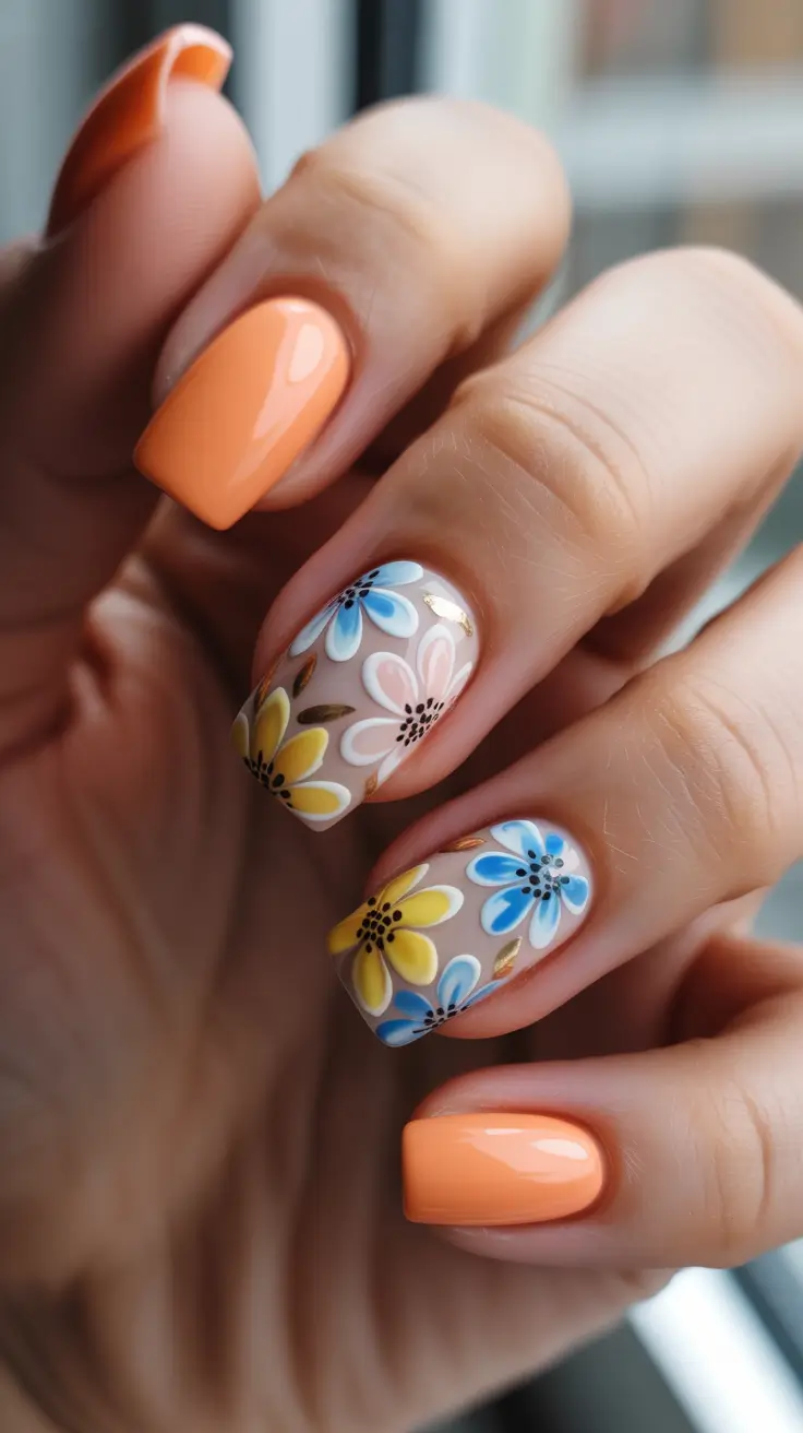 aesthetic spring nails square 2026 Retro Daisy Garden On Warm Peach Square Nails