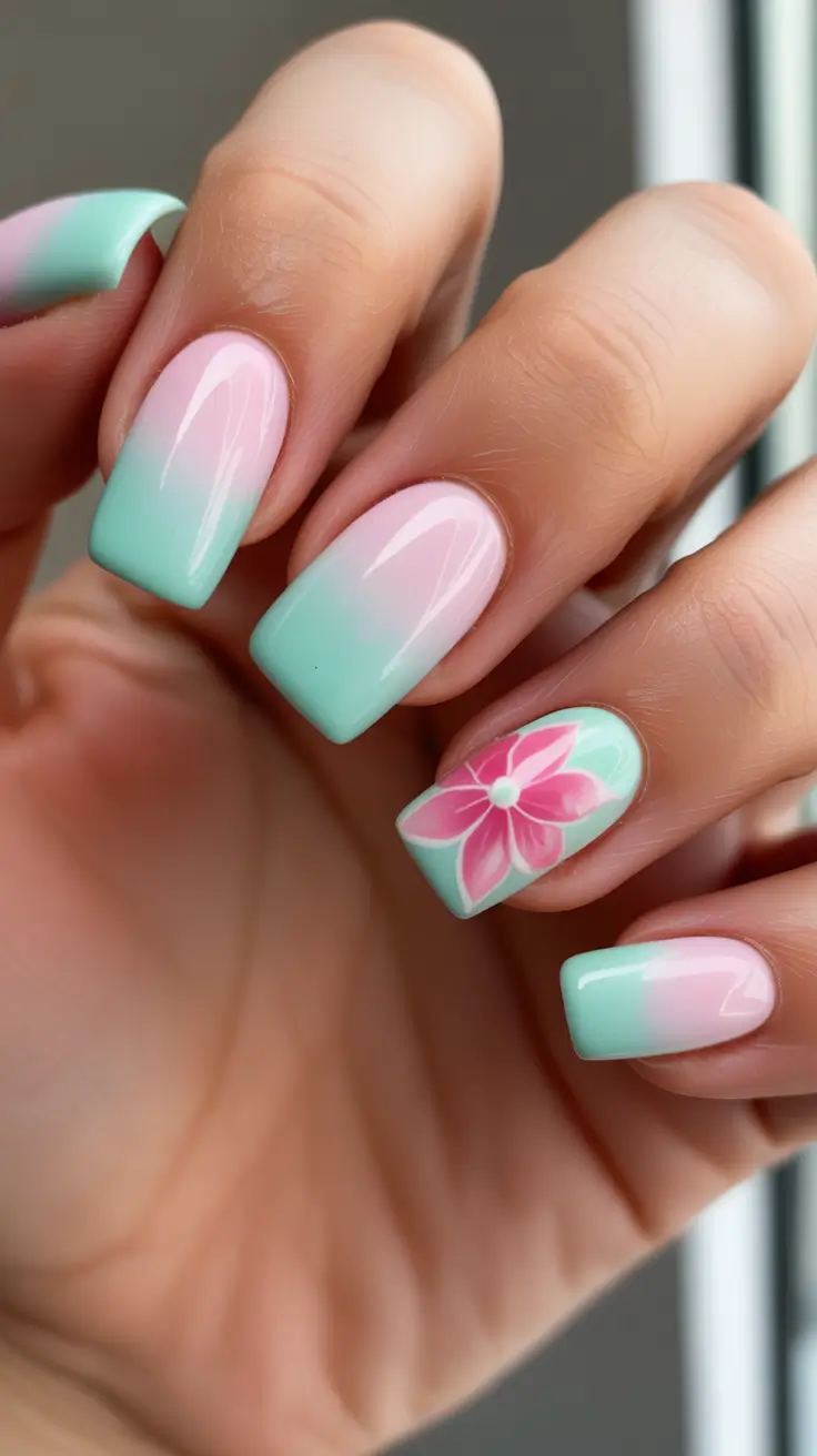 aesthetic spring nails square 2026 Soft Mint Ombre With A Delicate Blossom Accent
