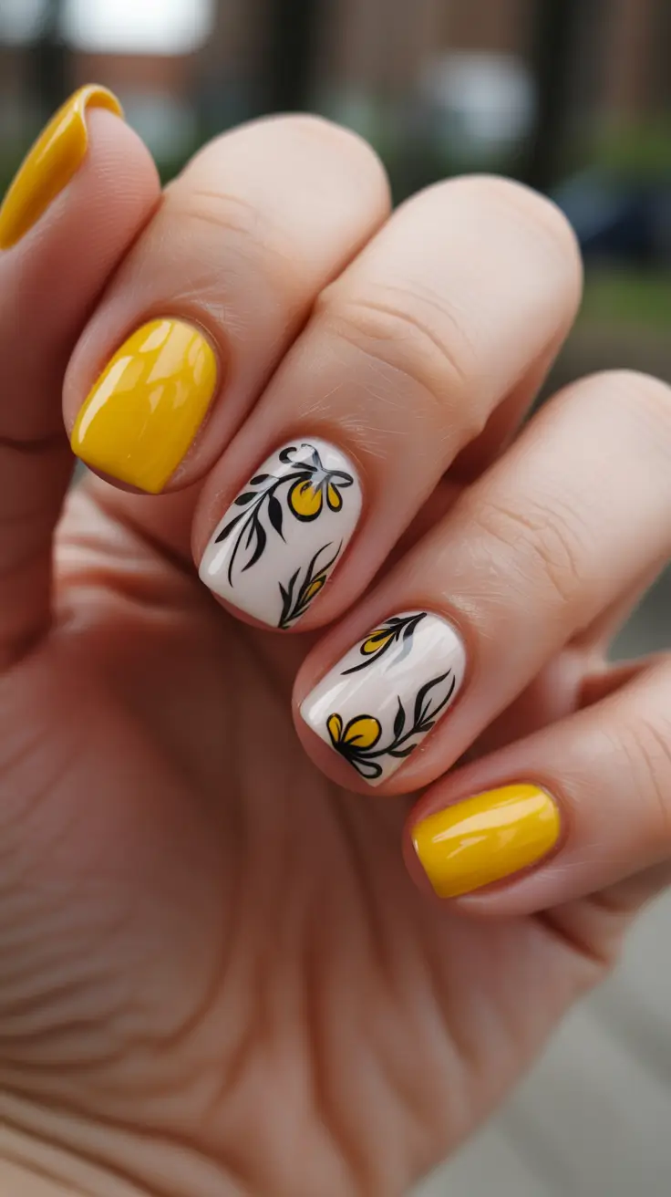 aesthetic spring nails square 2026 Sunny Yellow Minimalist Botanical Nails