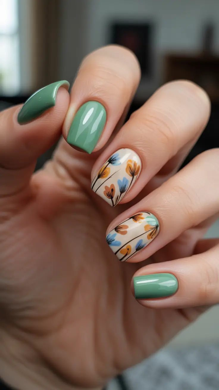 aesthetic spring nails square 2026 Muted Sage Nails With Wildflower Art