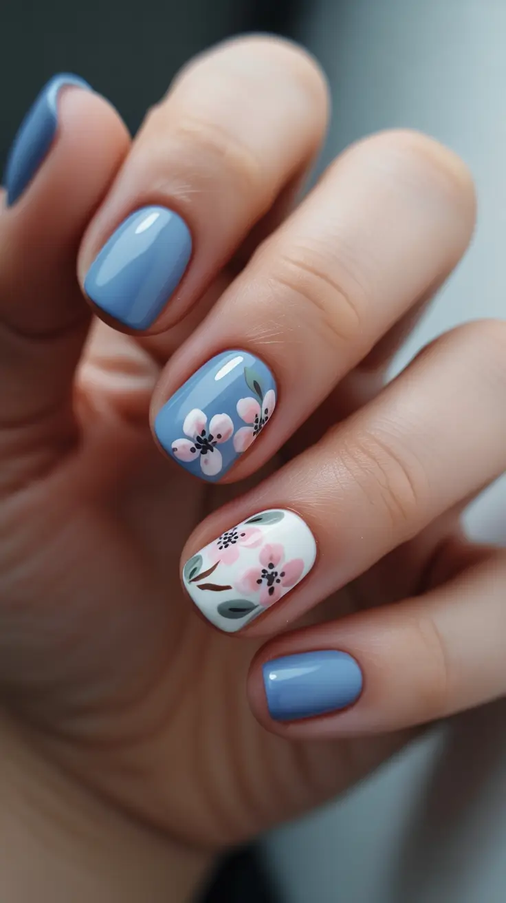 aesthetic spring nails square 2026 Powder Blue Blossoms On Square Nails
