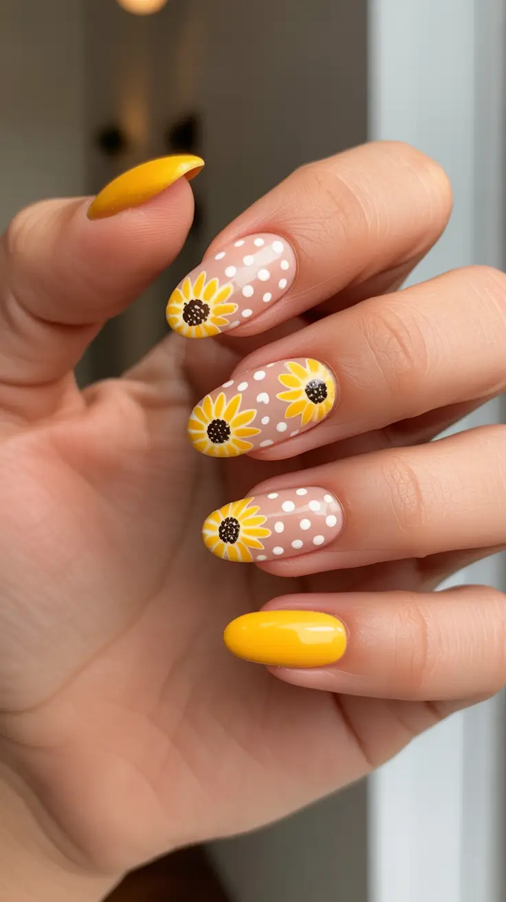 bold spring oval nails 2026 Sunny Polka-Dot Sunflowers
