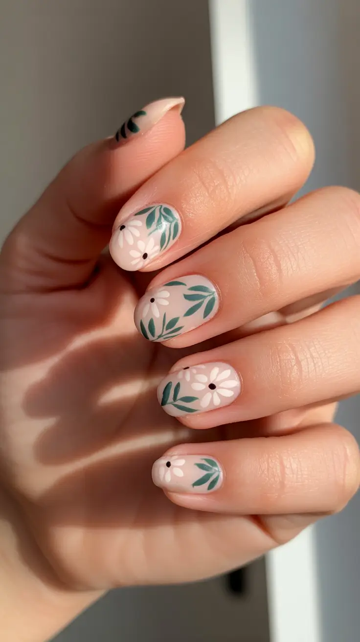 bold spring oval nails 2026 Soft Nude Florals With Green Accents