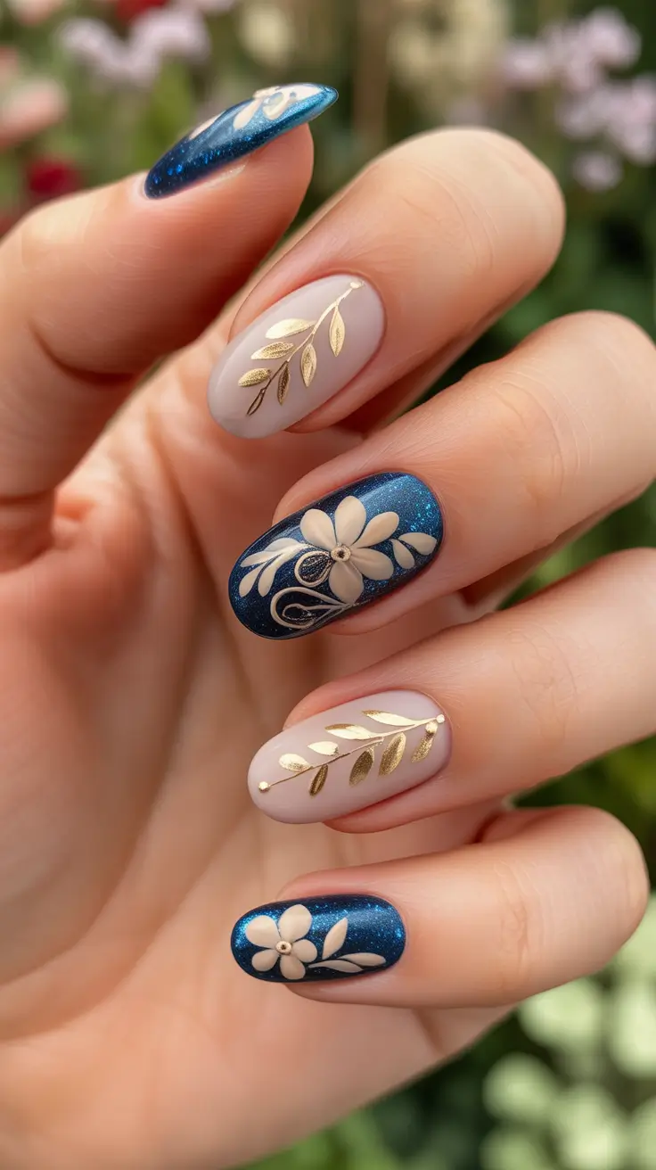 bold spring oval nails 2026 Midnight Blue Sparkle With Gold Botanical Details