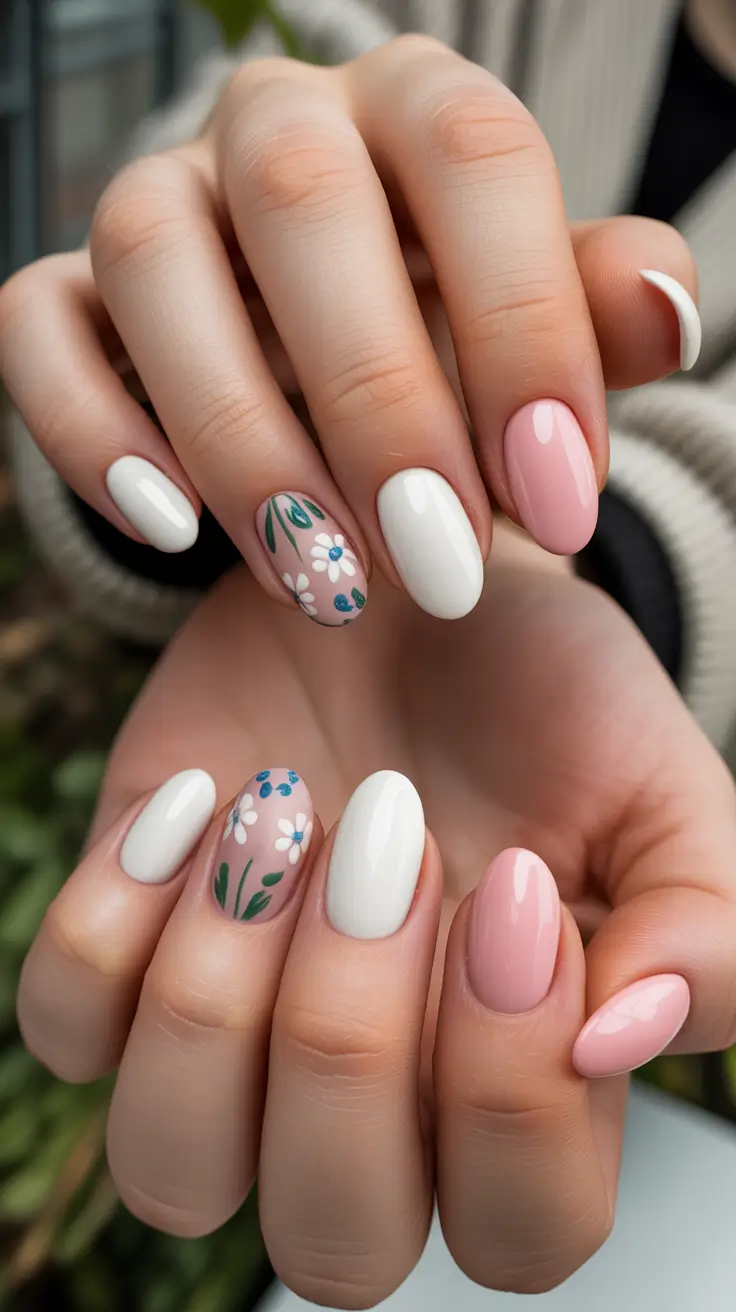 bold spring oval nails 2026 Pastel Pink And White Mix With Daisy Accents