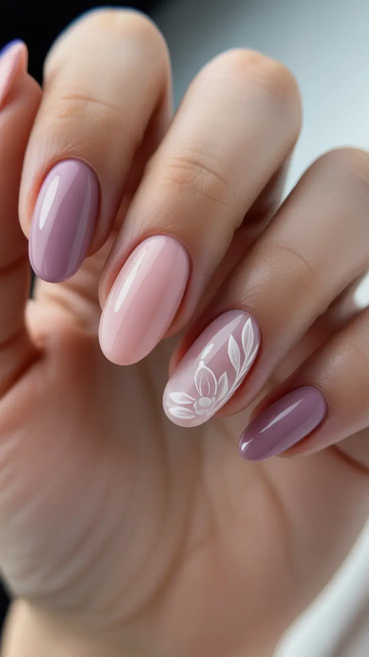 bold spring oval nails 2026 Muted Mauve And Blush With White Botanical Art