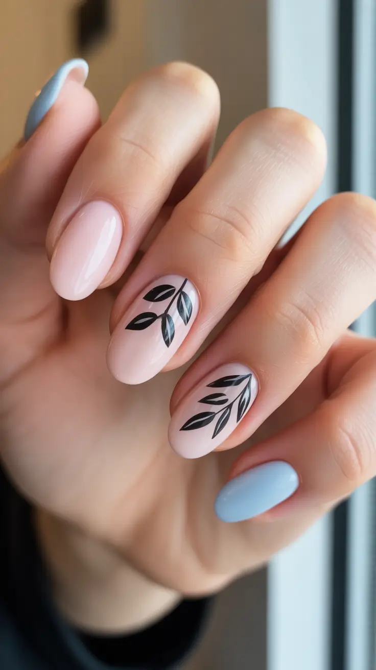 bold spring oval nails 2026 Soft Pink Base With Bold Black Leaf Silhouettes