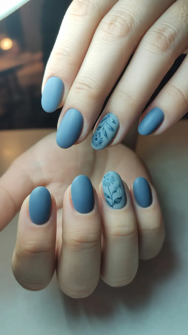bold spring oval nails 2026 Soft Blue Florals With A Matte Finish