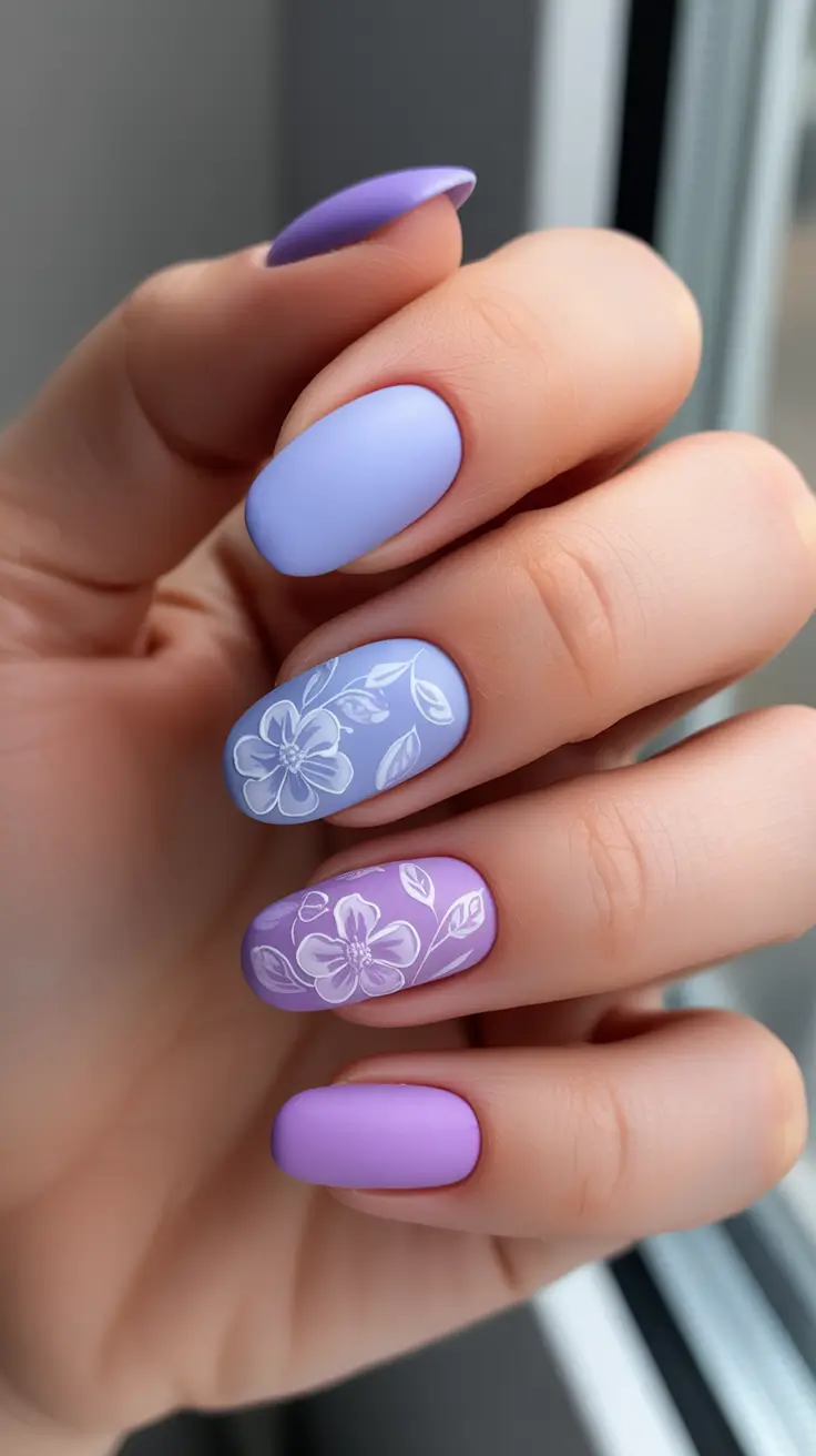 bold spring oval nails 2026 Lavender And Lilac With Hand-Drawn Petals