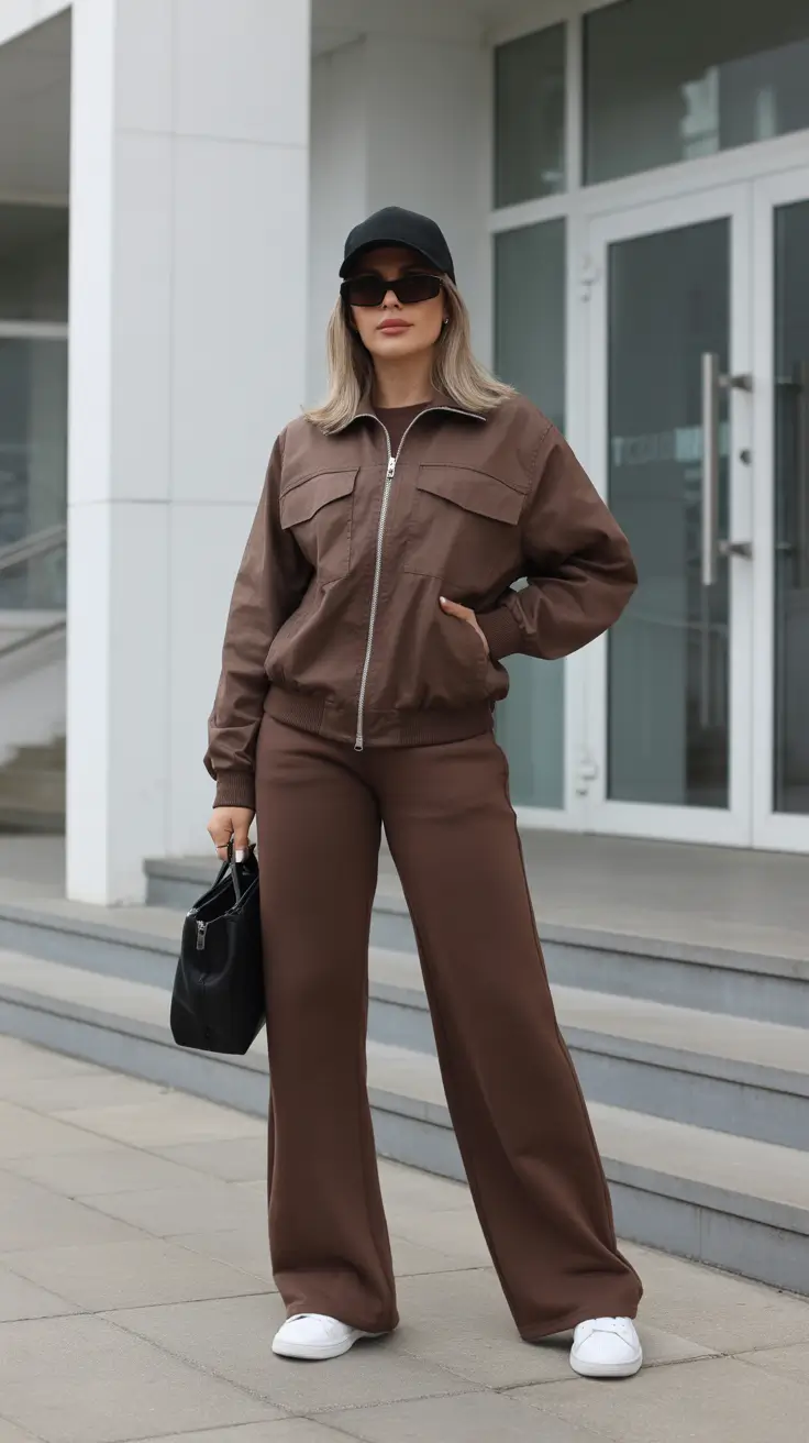 fashionable spring sport outfits for women 2026 Neutral Brown Athleisure Set With Modern Tailoring