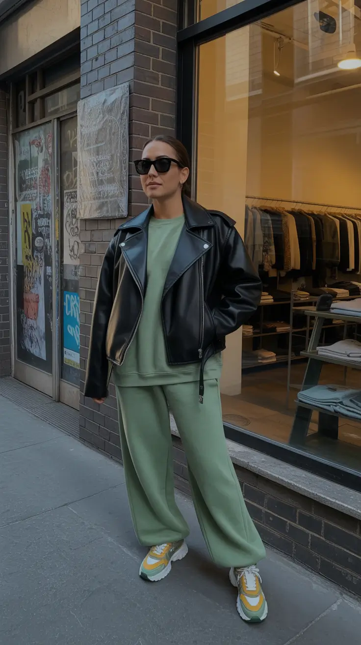 fashionable spring sport outfits for women 2026 Urban Sage Tracksuit With Leather Layering