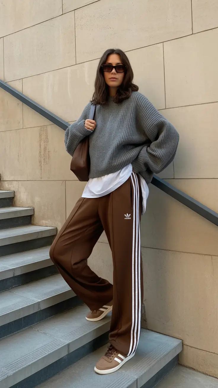 fashionable spring sport outfits for women 2026 Chocolate Adidas Track Pants With Relaxed Knit Layers