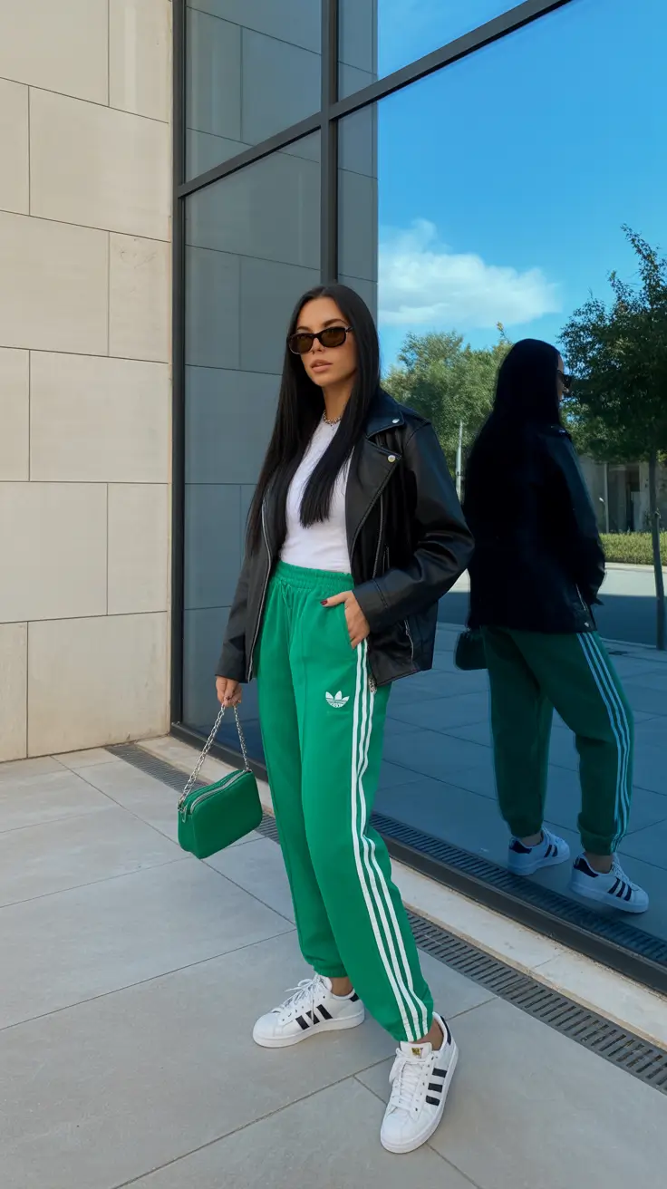 fashionable spring sport outfits for women 2026 Emerald Track Pants With Leather Jacket Street Style