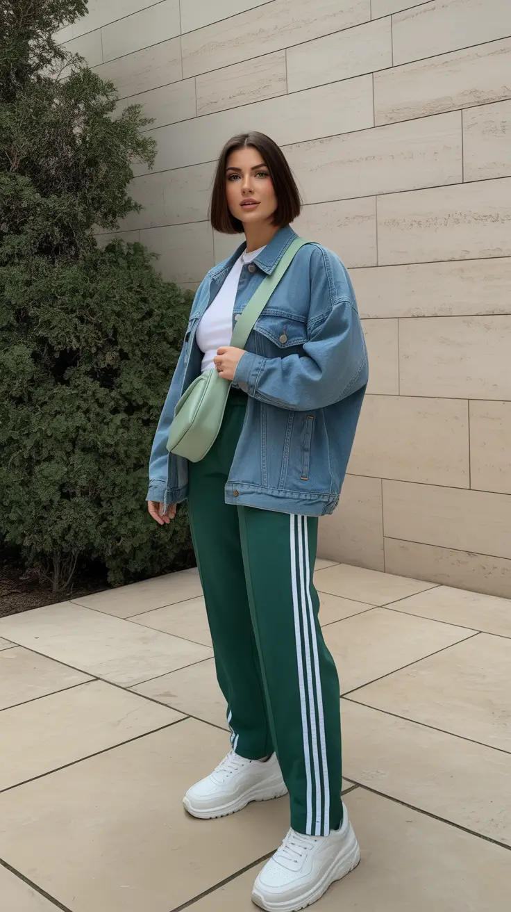 fashionable spring sport outfits for women 2026 Oversized Denim Jacket With Classic Green Track Pants