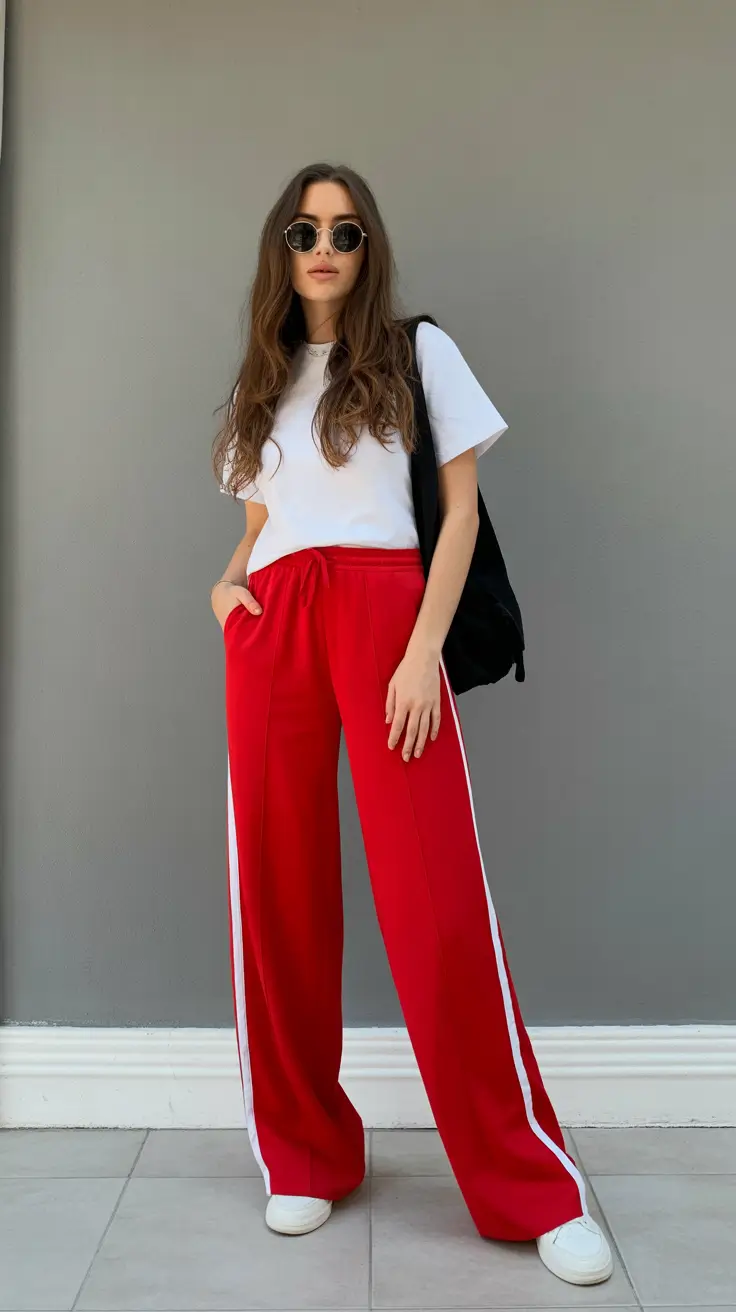 fashionable spring sport outfits for women 2026 Red Wide Leg Track Pants With Relaxed Tee