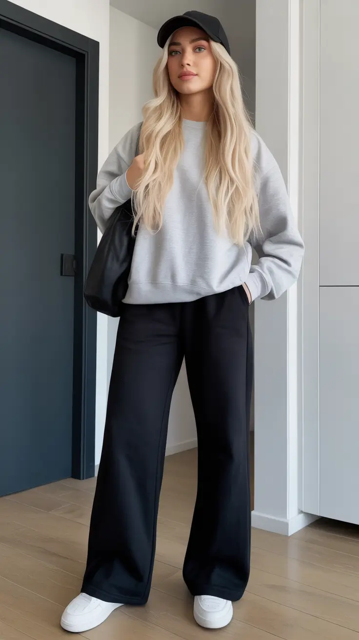 fashionable spring sport outfits for women 2026 Oversized Sweatshirt And Wide Leg Athletic Pants