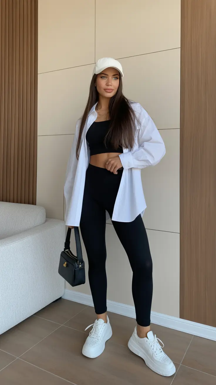 fashionable spring sport outfits for women 2026 Minimalist Black Leggings And Crisp White Shirt Street Style