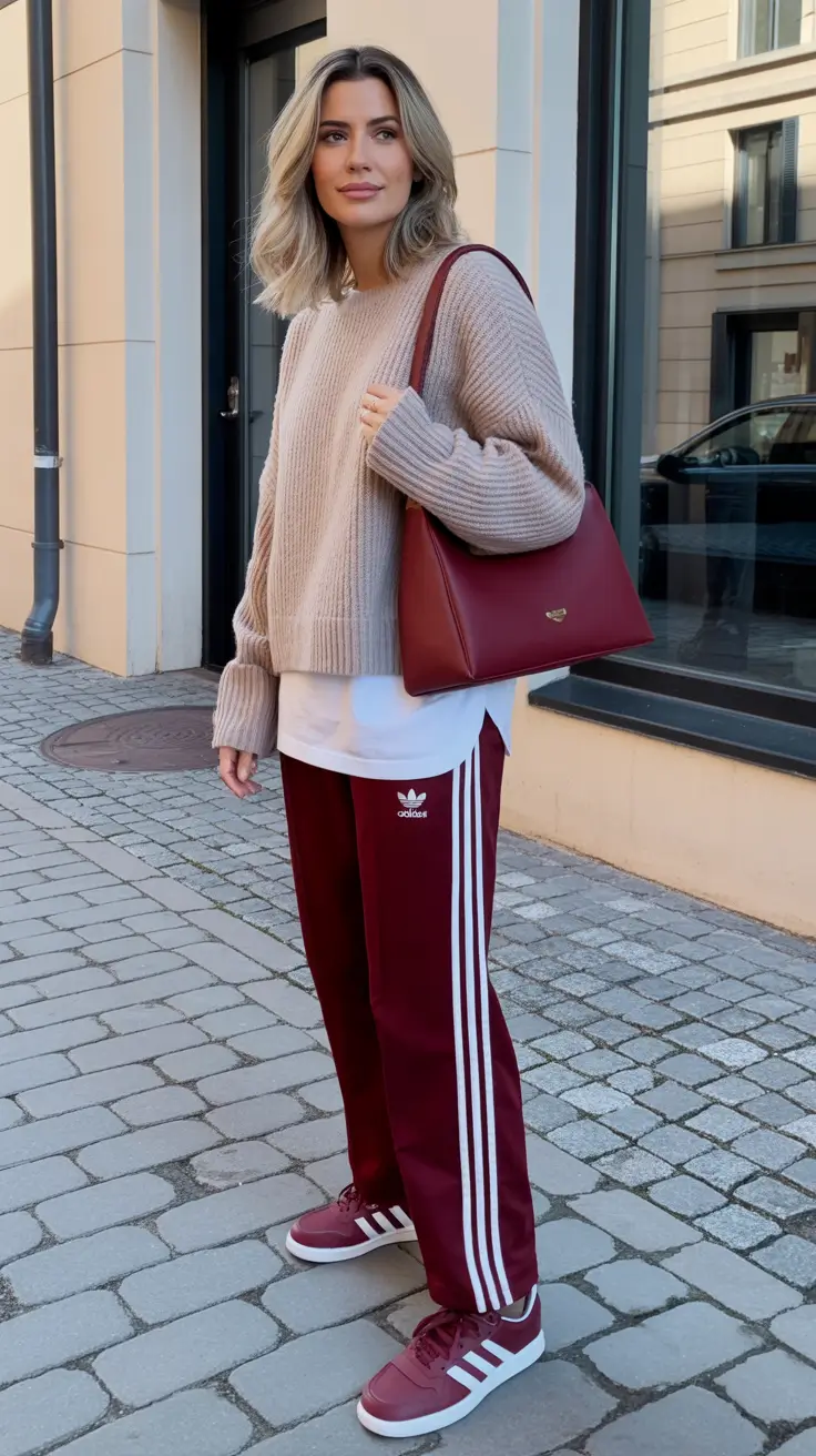 fashionable spring sport outfits for women 2026 Sporty Track Pants Styled With Cozy Knit Layers