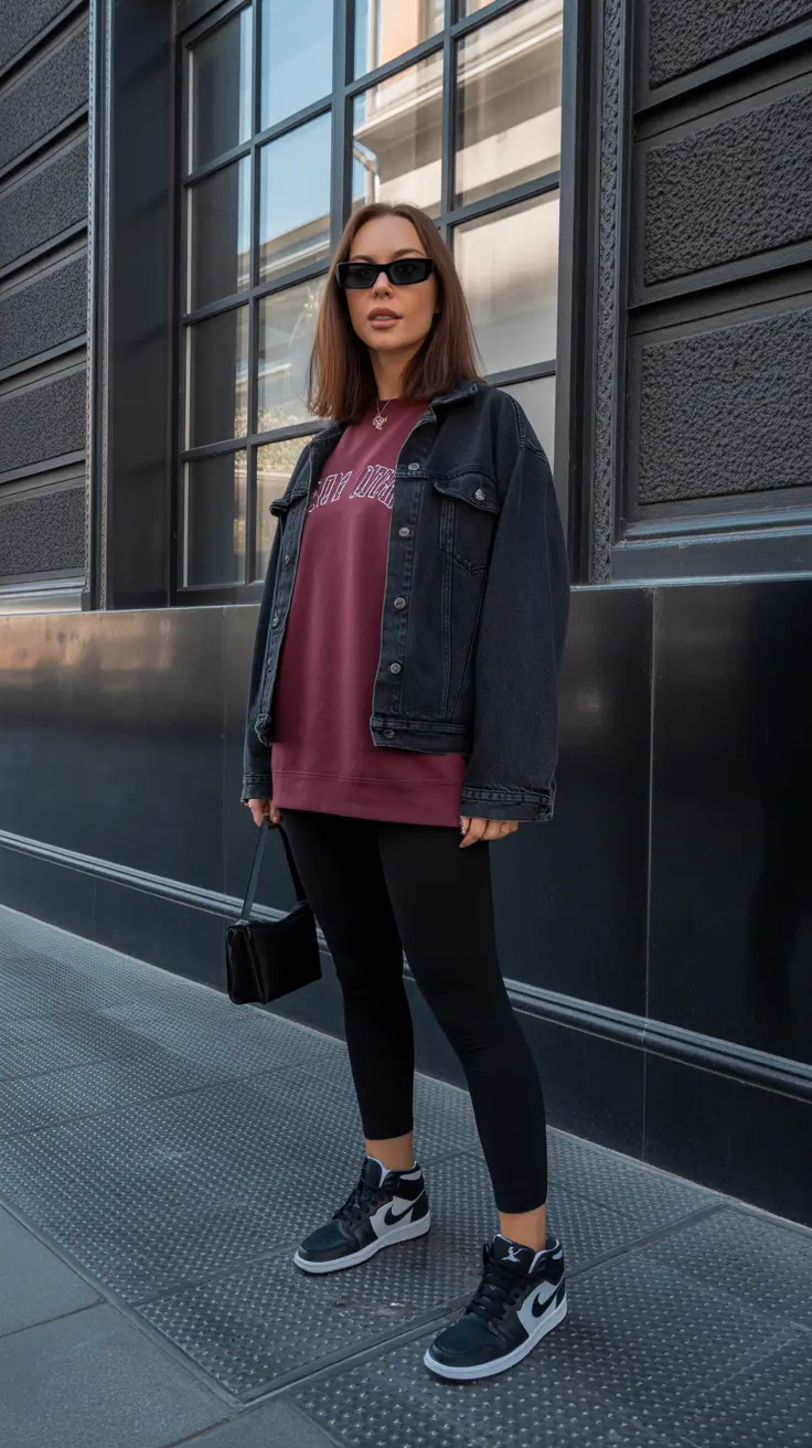 fashionable spring sport outfits for women 2026 Street Style Leggings With Oversized Sweatshirt And Denim Jacket