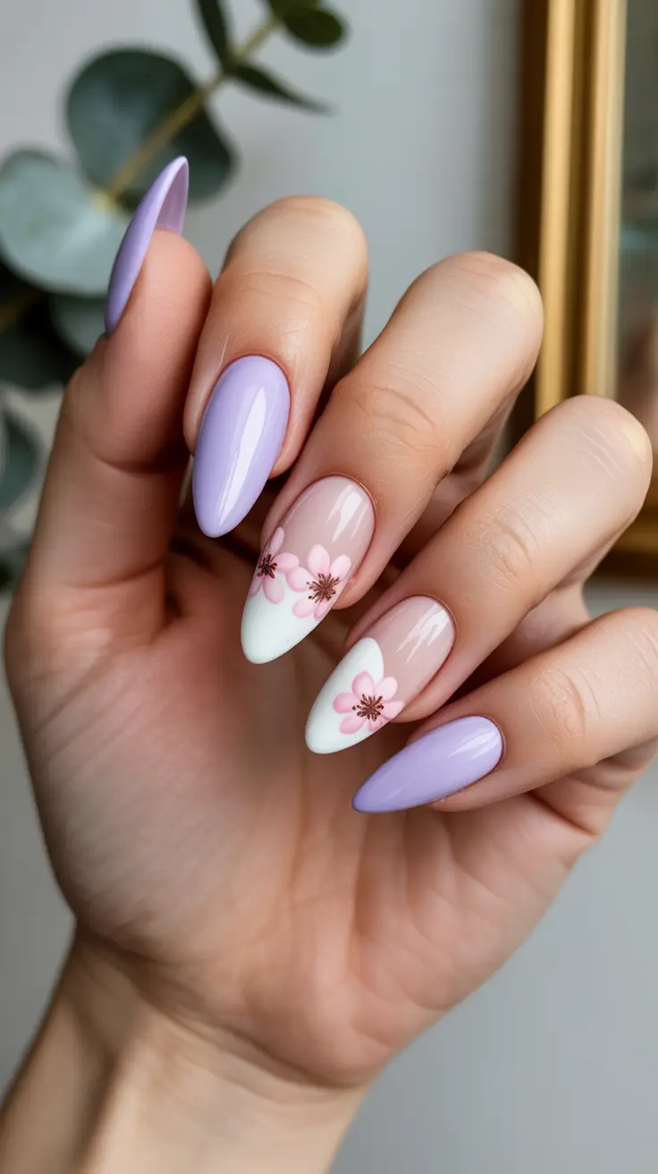bright spring stiletto nails 2026 Soft Lilac French With Blooming Florals