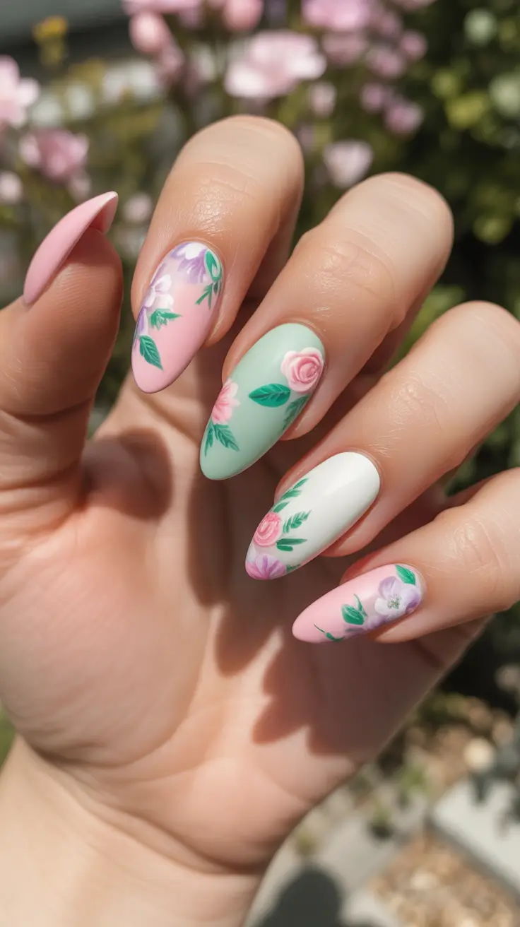 bright spring stiletto nails 2026 Pastel Rose Garden