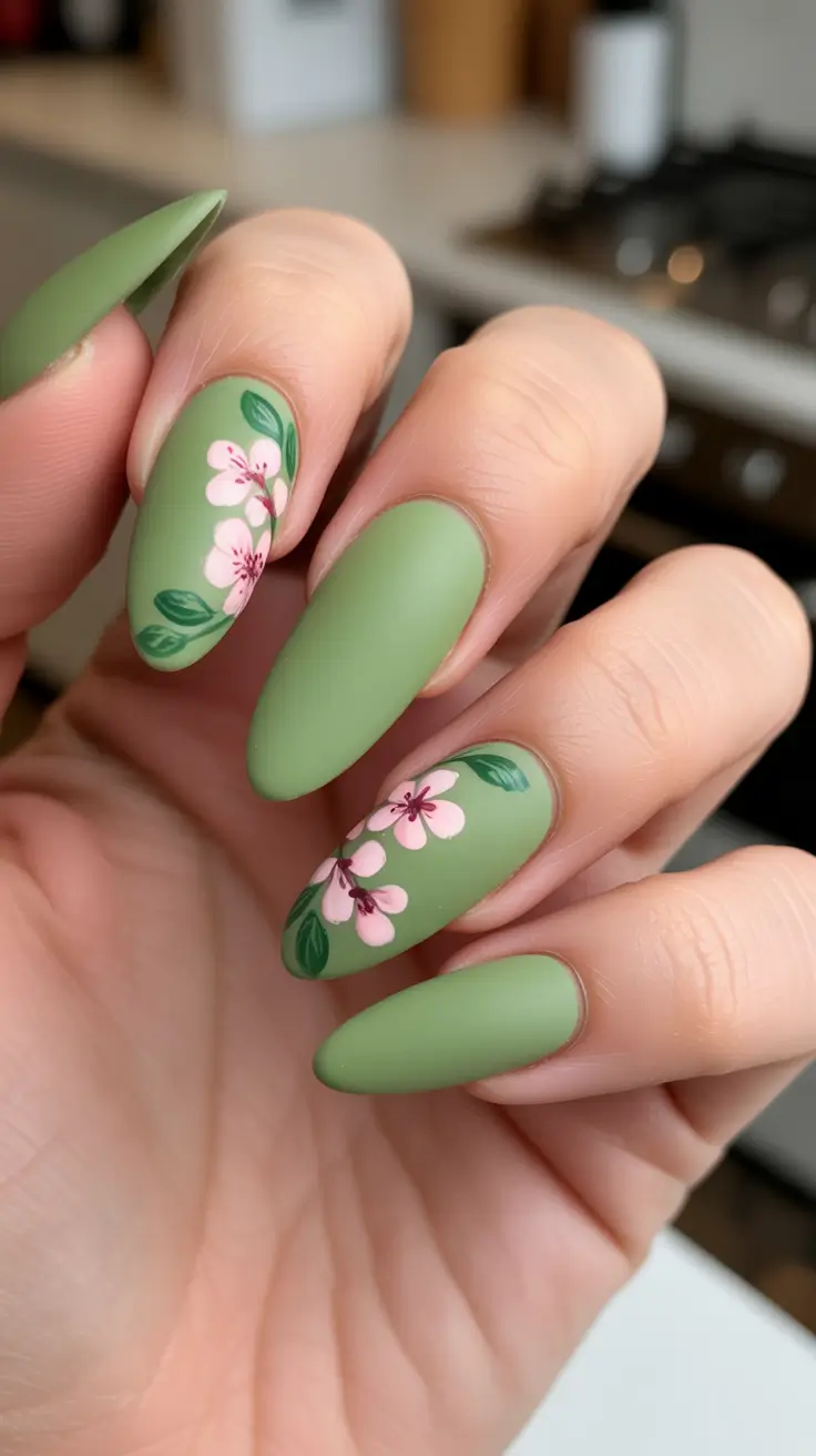 bright spring stiletto nails 2026 Matte Green Petal Garden
