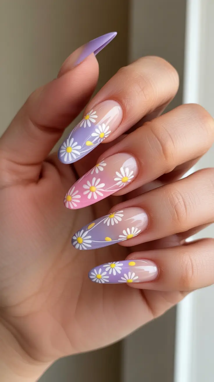bright spring stiletto nails 2026 Daisy Sunrise Pastel Ombre