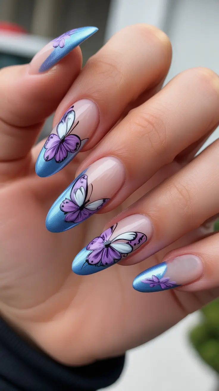 bright spring stiletto nails 2026 Blue Butterfly Whispers