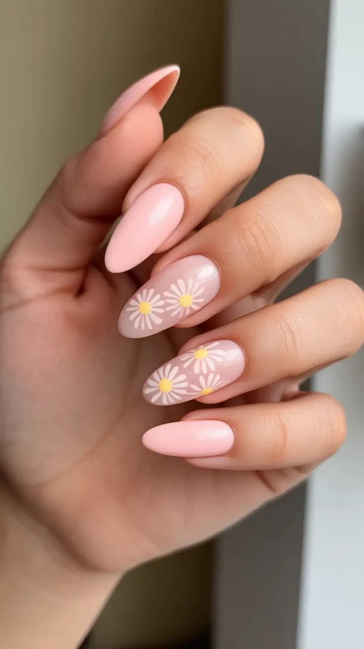 bright spring stiletto nails 2026 Blush Daisy Light