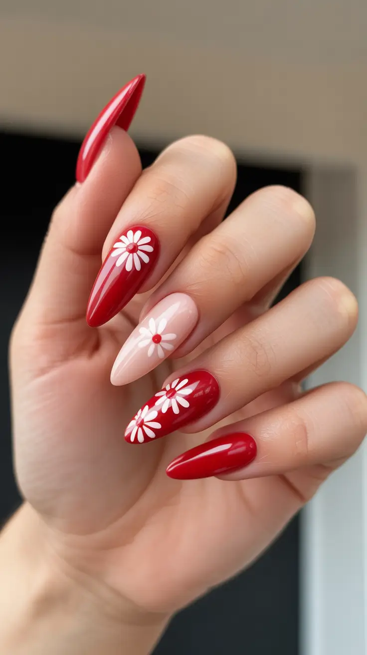 bright spring stiletto nails 2026 Cherry Red Daisy Pop