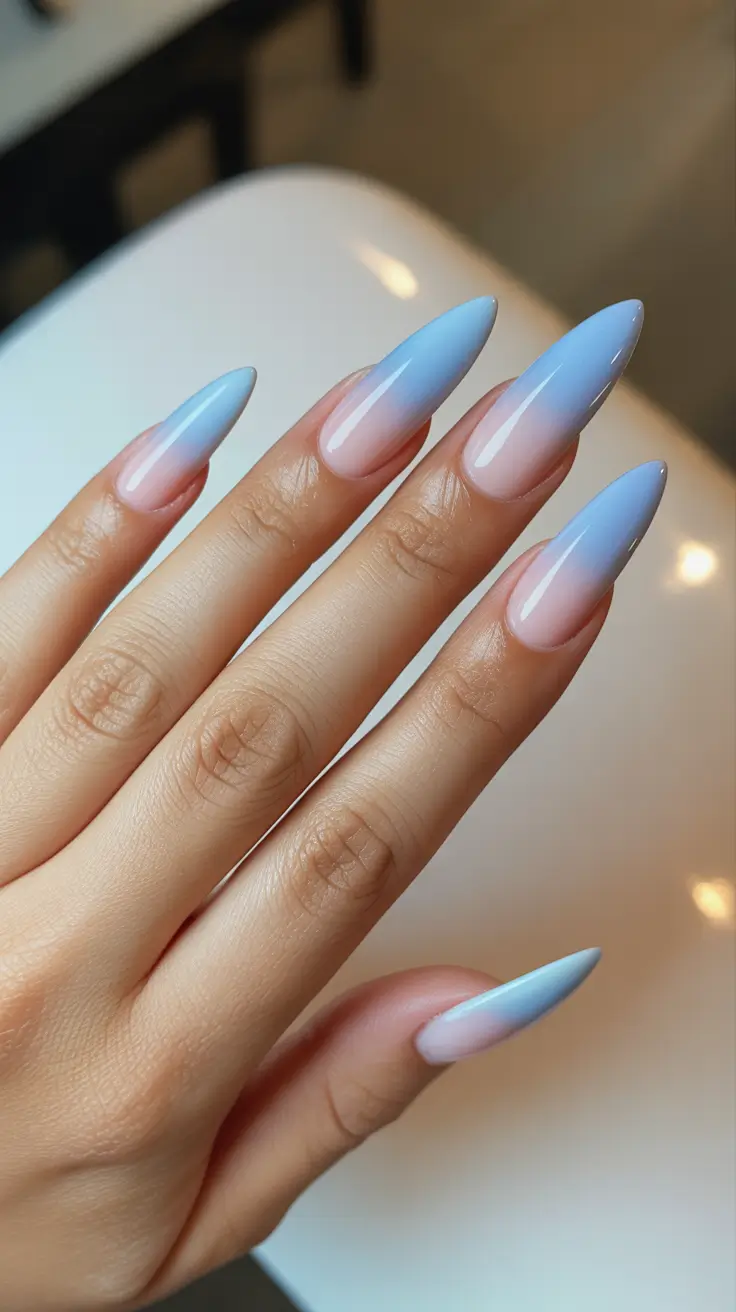 bright spring stiletto nails 2026 Baby-Blue Gradient Glow