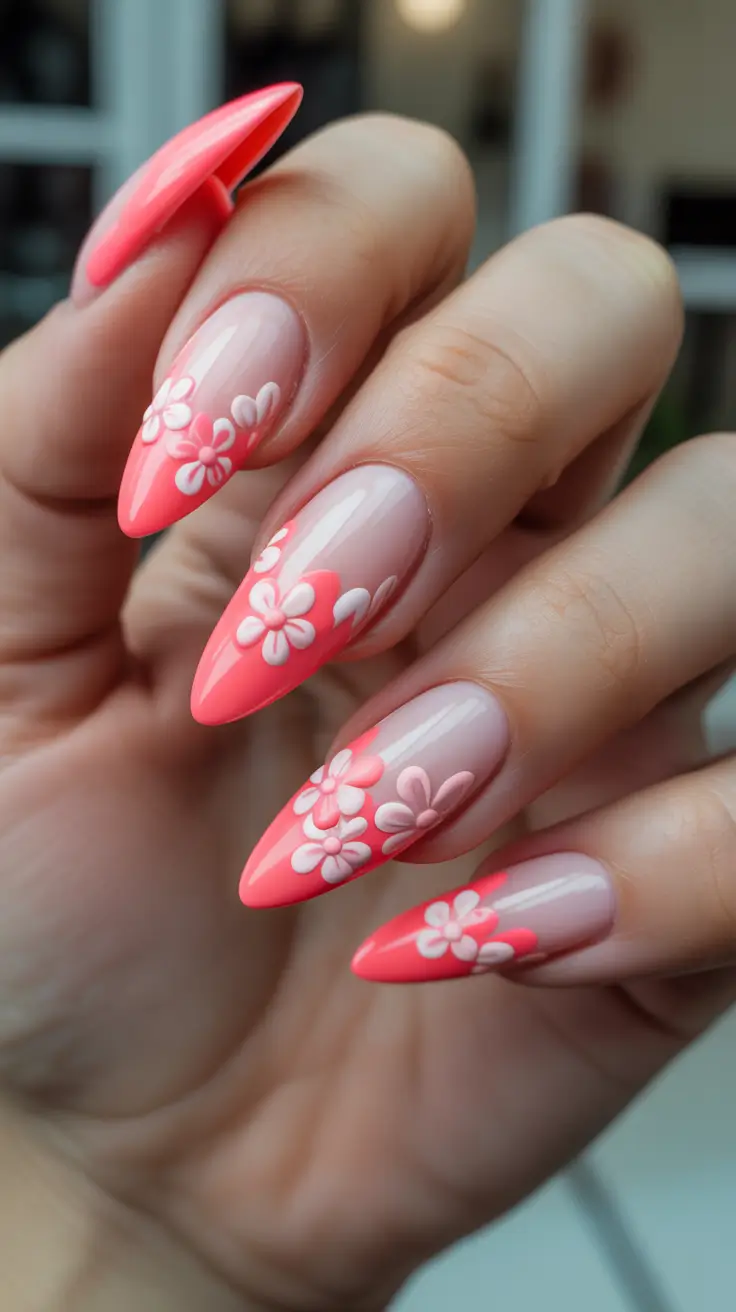 bright spring stiletto nails 2026 Coral Blossoms With A Glossy Punch
