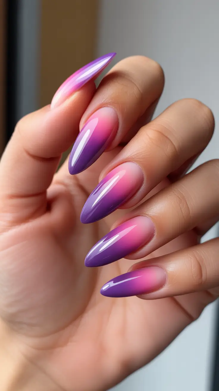 bright spring stiletto nails 2026 Violet-Pink Sunset Ombre