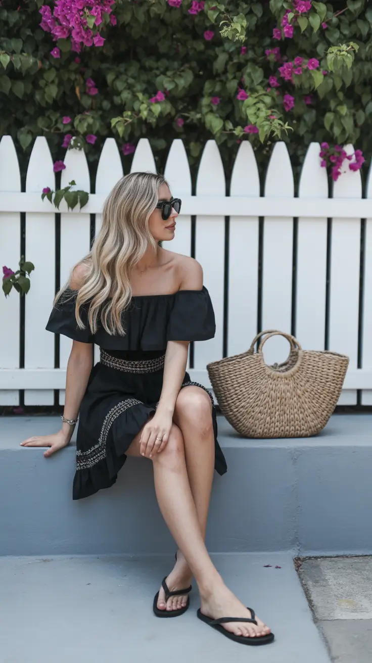 summer flip-flops for women 2026 Effortless Black Dress And Feminine Summer Calm