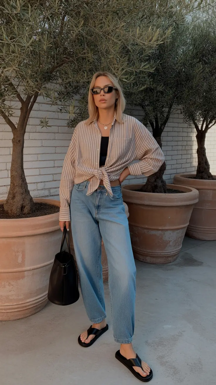 summer flip-flops for women 2026 Striped Shirt Styling And Black Platform Attitude